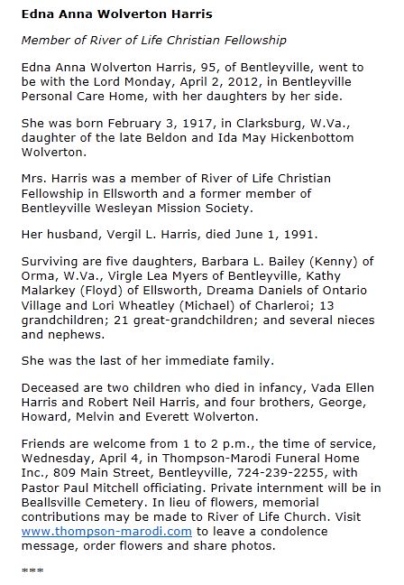 Edna Anna Wolverton Harris obit